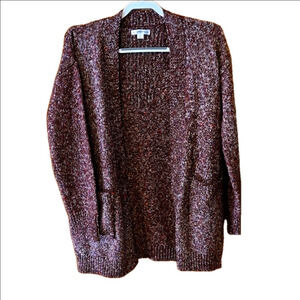 Passports Open Cardigan "Fall Foliage" Blue/Red/White Specks Women size M